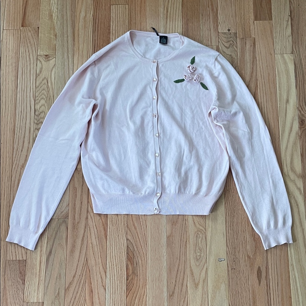 Sandra Cardigan Womens Large Pink Rose Embroidery Button Up Silk Blend Coquette